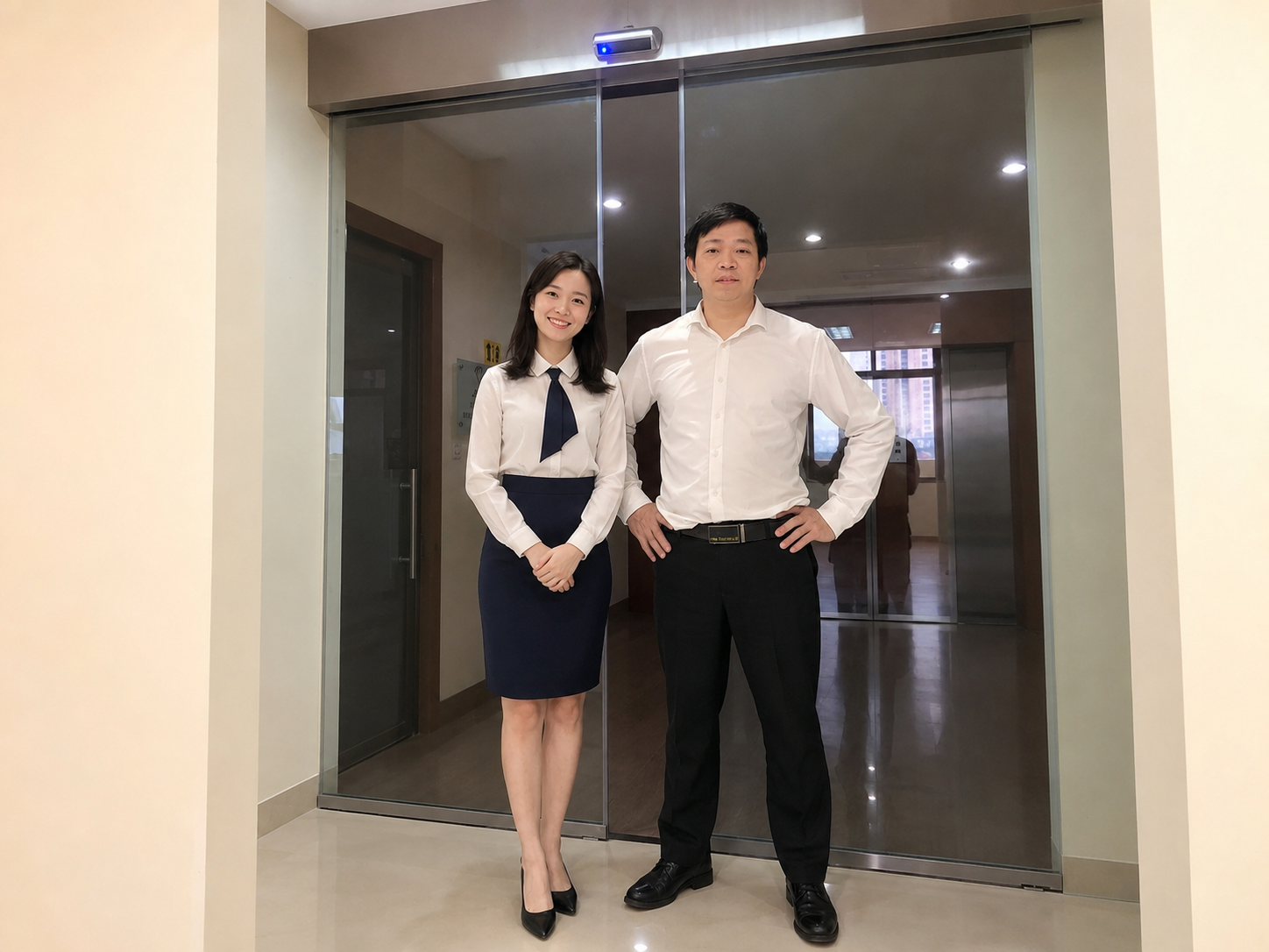 Nhân viên văn phòng mặc sơ mi trắng đứng trước cửa kính tòa nhà hiện đại